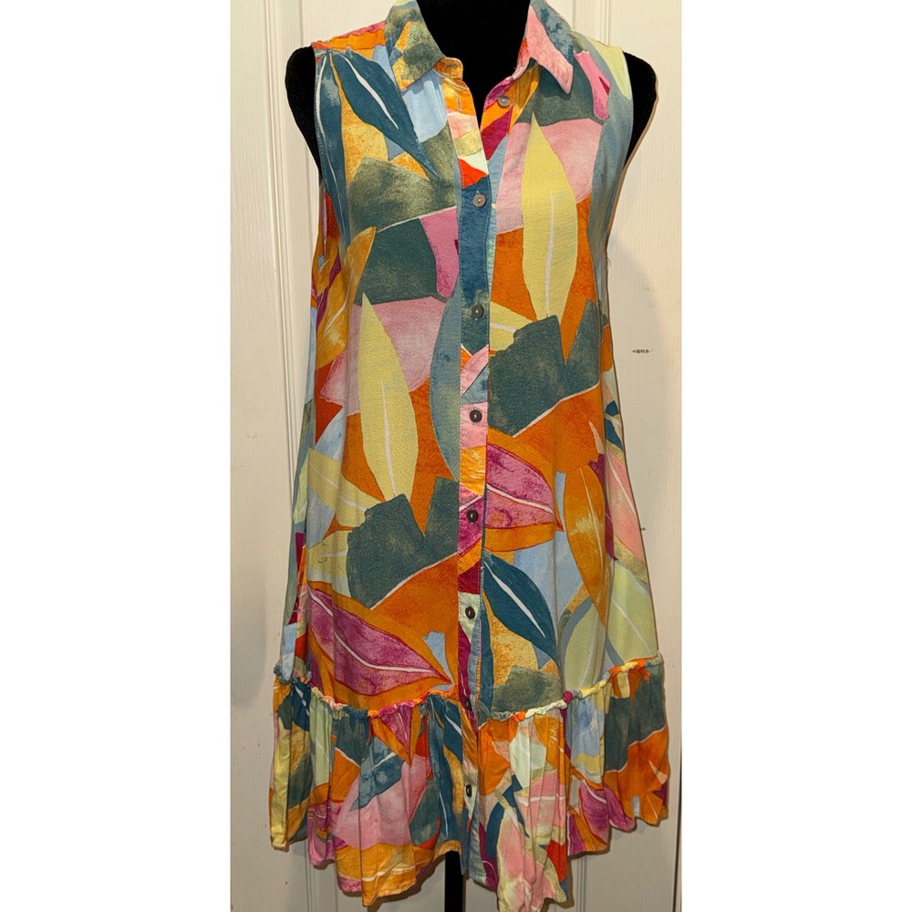 Time and Tru Womens Small 4-6 Tropical Leaf Print Sleeveless Button Front Dress